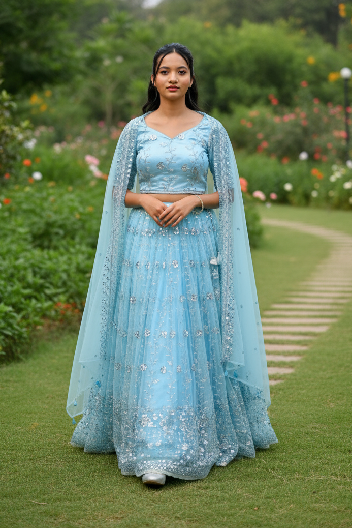 Light Blue Lehenga Choli With Silver Sequin Embroidery For Women & Girls