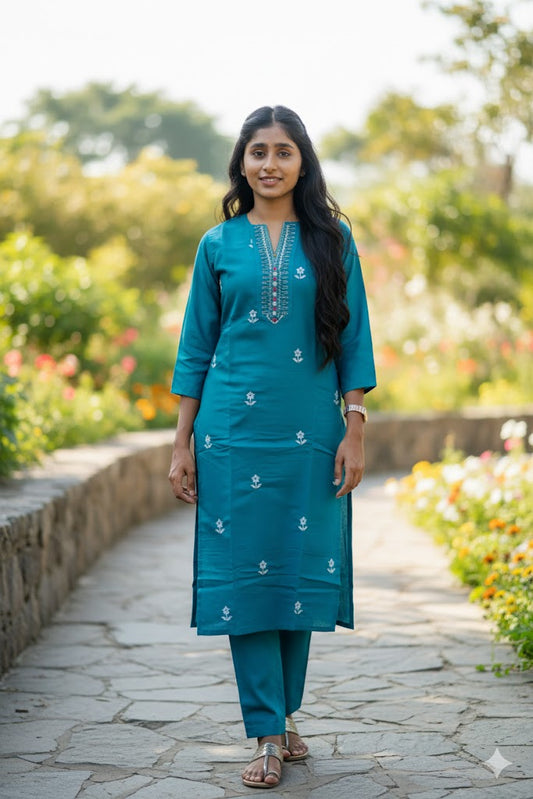 Teal Colored Kurti With Floral Design For Women & Girls
