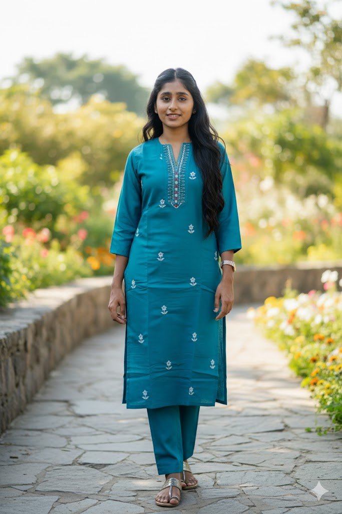 Teal Colored Kurti With Floral Design For Women & Girls - Aira Fabrics Designer Studio