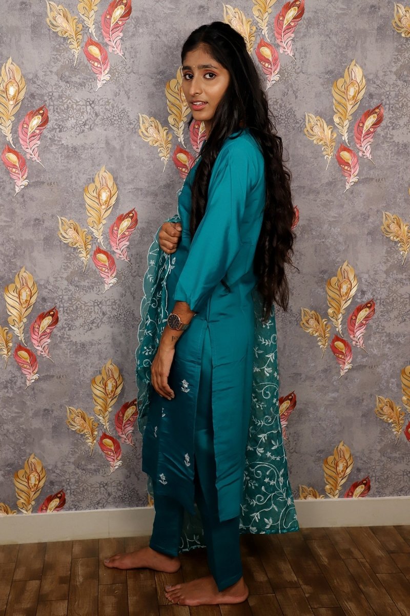 Teal Colored Kurti With Floral Design For Women & Girls - Aira Fabrics Designer Studio