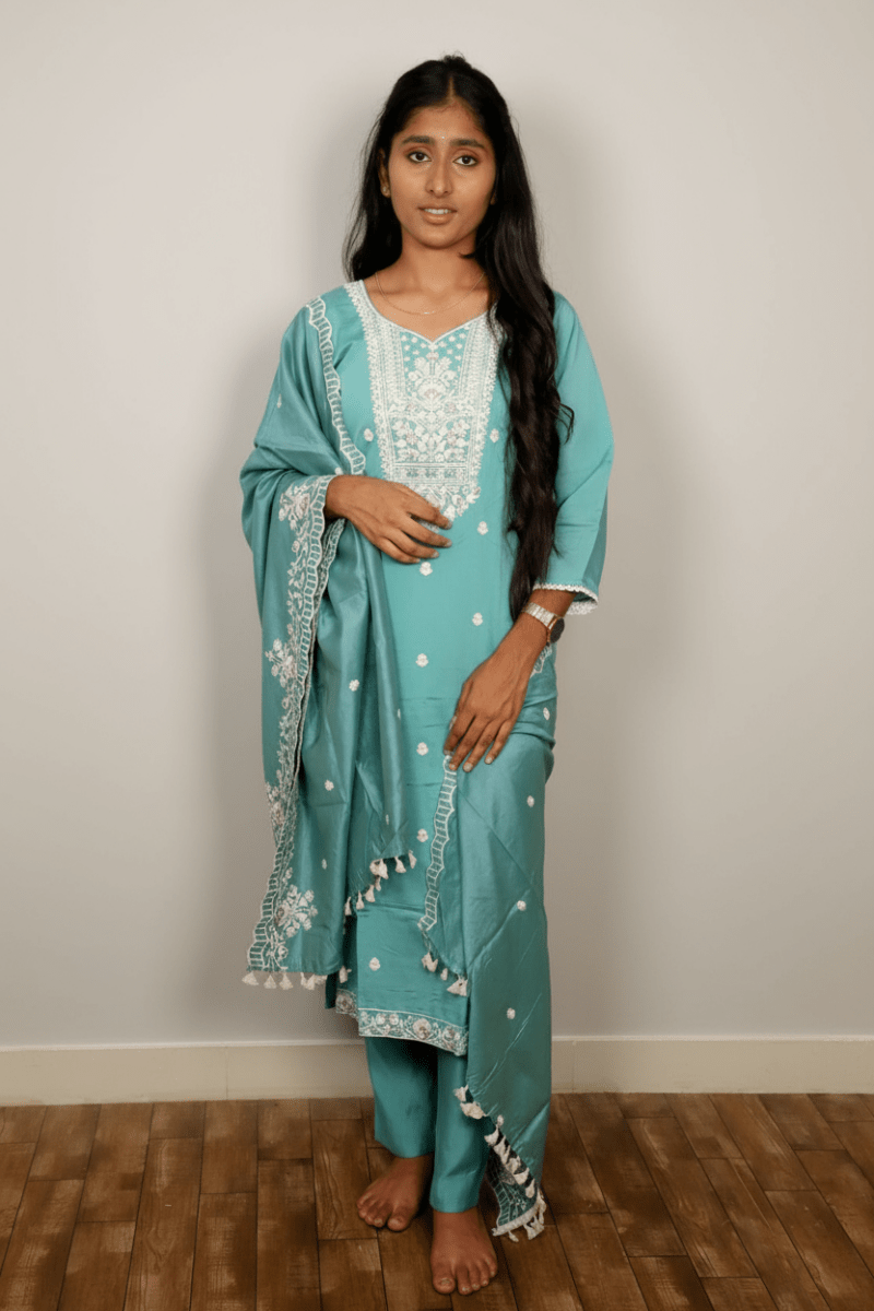 Teal Salwar Kameez With White Embroidery For Women & Girls - Aira Fabrics Designer Studio