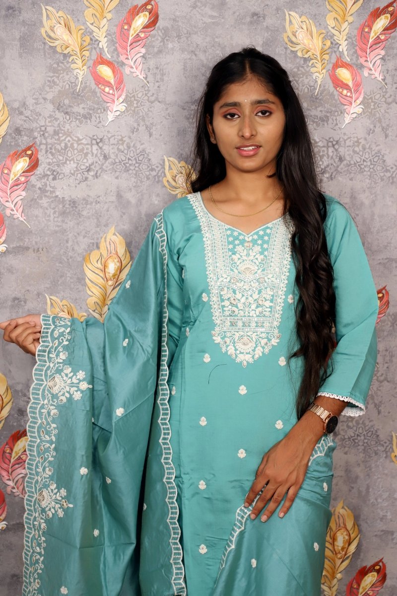 Teal Salwar Kameez With White Embroidery For Women & Girls - Aira Fabrics Designer Studio