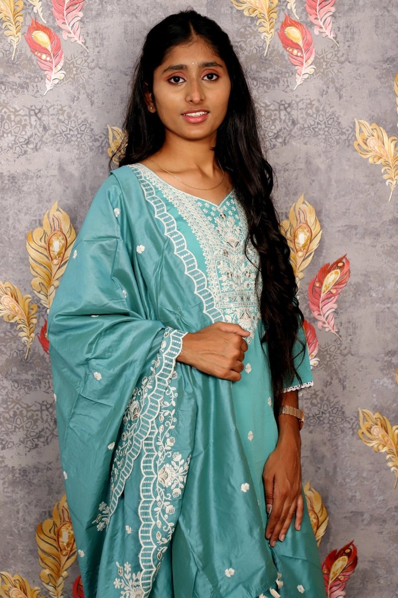 Teal Salwar Kameez With White Embroidery For Women & Girls - Aira Fabrics Designer Studio