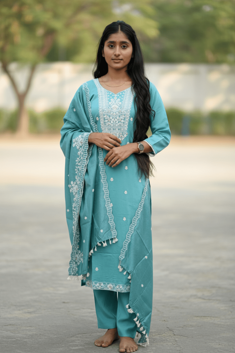 Teal Salwar Kameez With White Embroidery For Women & Girls - Aira Fabrics Designer Studio