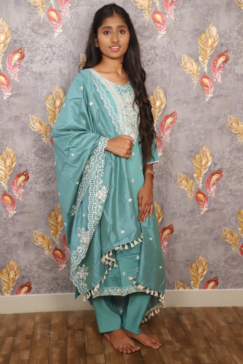 Teal Salwar Kameez With White Embroidery For Women & Girls - Aira Fabrics Designer Studio