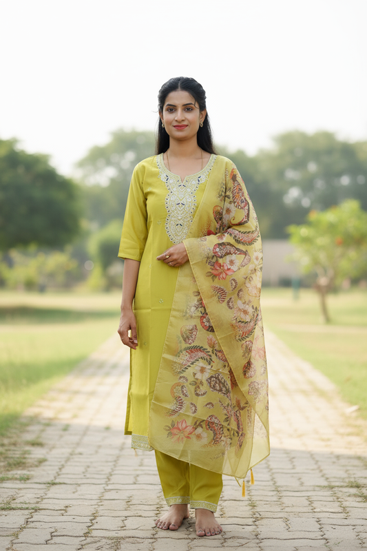 Yellow Kurti With Floral Dupatta For Women & Girls