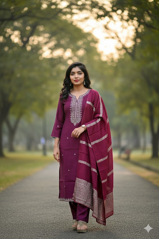 Purple Kurti With Embellished Silver Yoke For Women & Girls