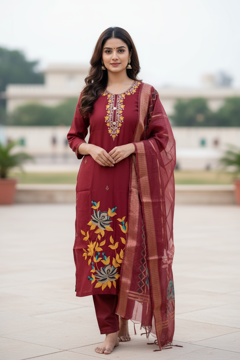 Maroon Embroidered Salwar Kameez For Women & Girls