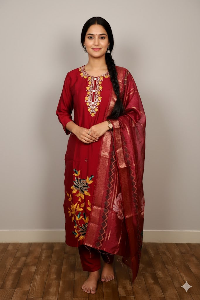Maroon Embroidered Salwar Kameez For Women & Girls