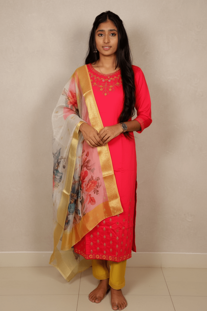 Vibrant Pink Salwar Suit With Floral Dupatta For Women & Girls - Aira Fabrics Designer Studio