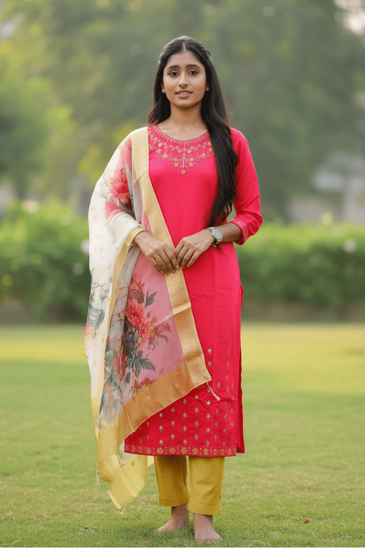 Vibrant Pink Salwar Suit With Floral Dupatta For Women & Girls - Aira Fabrics Designer Studio