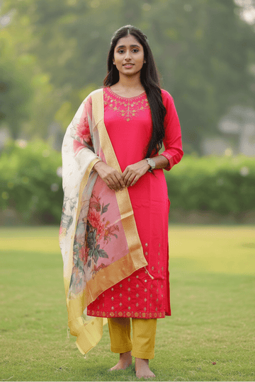 Vibrant Pink Salwar Suit With Floral Dupatta For Women & Girls - Aira Fabrics Designer Studio