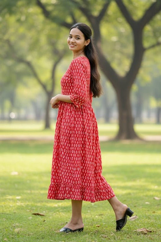 Vibrant Red Ethnic Motif Frock for Women - Aira Fabrics Designer Studio