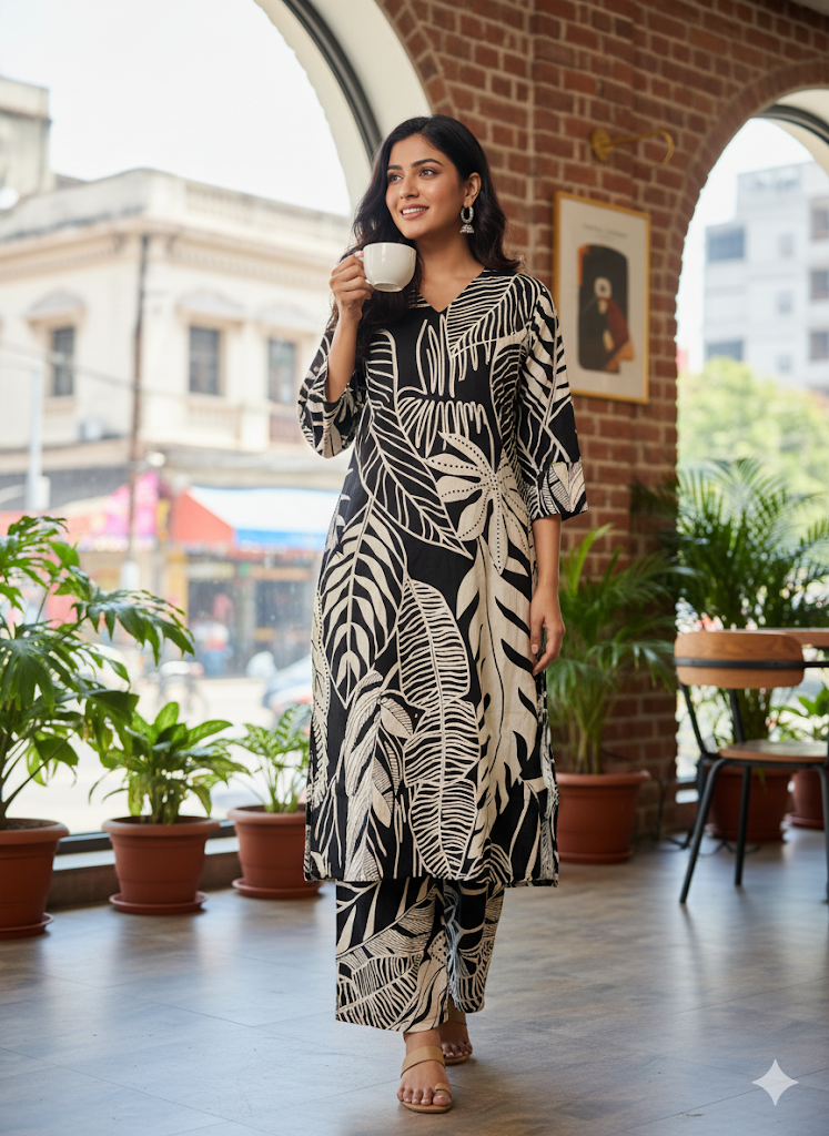 Black and Cream Combination Co-Ords Set For Women & Girls Aira