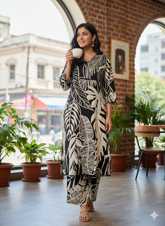 Black and Cream Combination Co-Ords Set For Women & Girls Aira