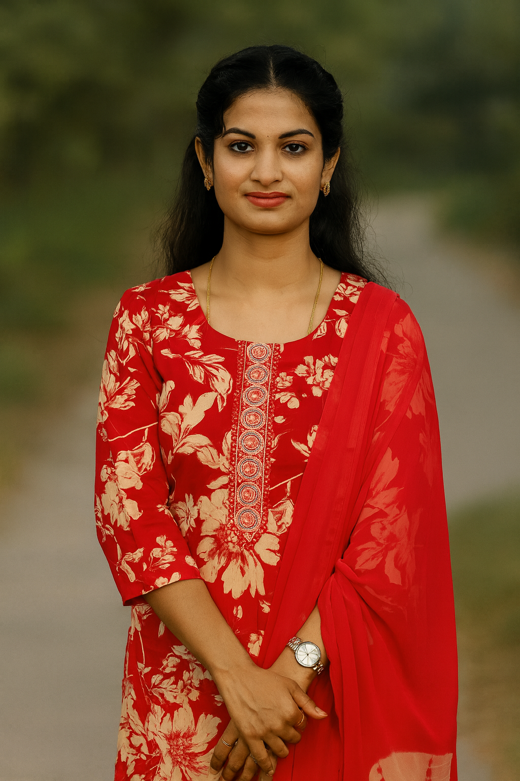 Red & White Floral Print Salwar Kameez With A Solid Dupatta For Women & Girls