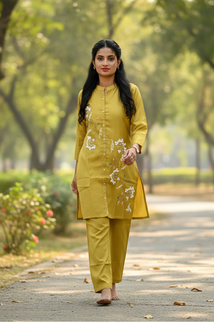 Mustard Yellow Kurti With White Floral Embroidery For Women & Girls