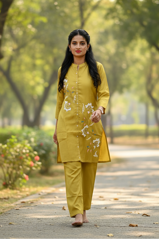 Mustard Yellow Kurti With White Floral Embroidery For Women & Girls