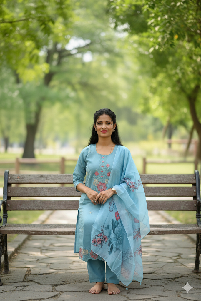 Light Blue Floral Embroidery Kurti For Women & Girls