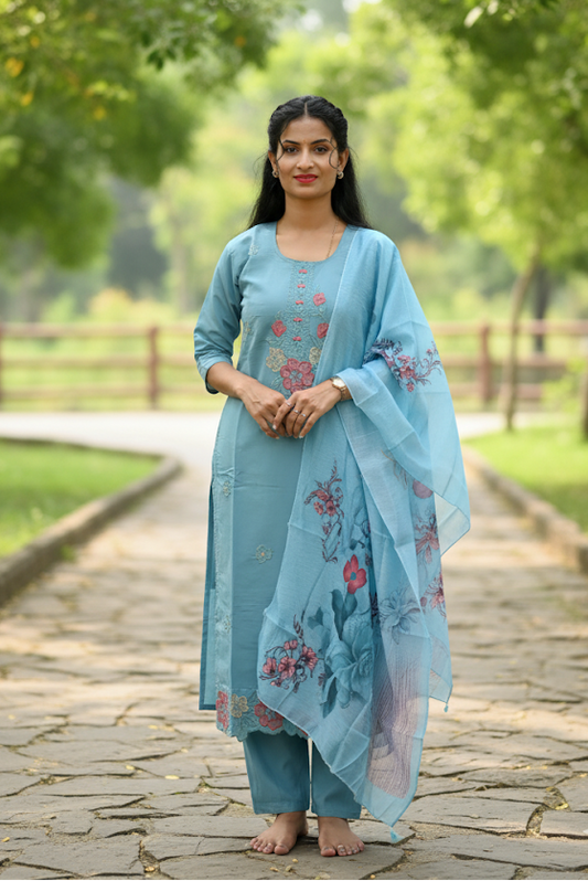 Light Blue Floral Embroidery Kurti For Women & Girls