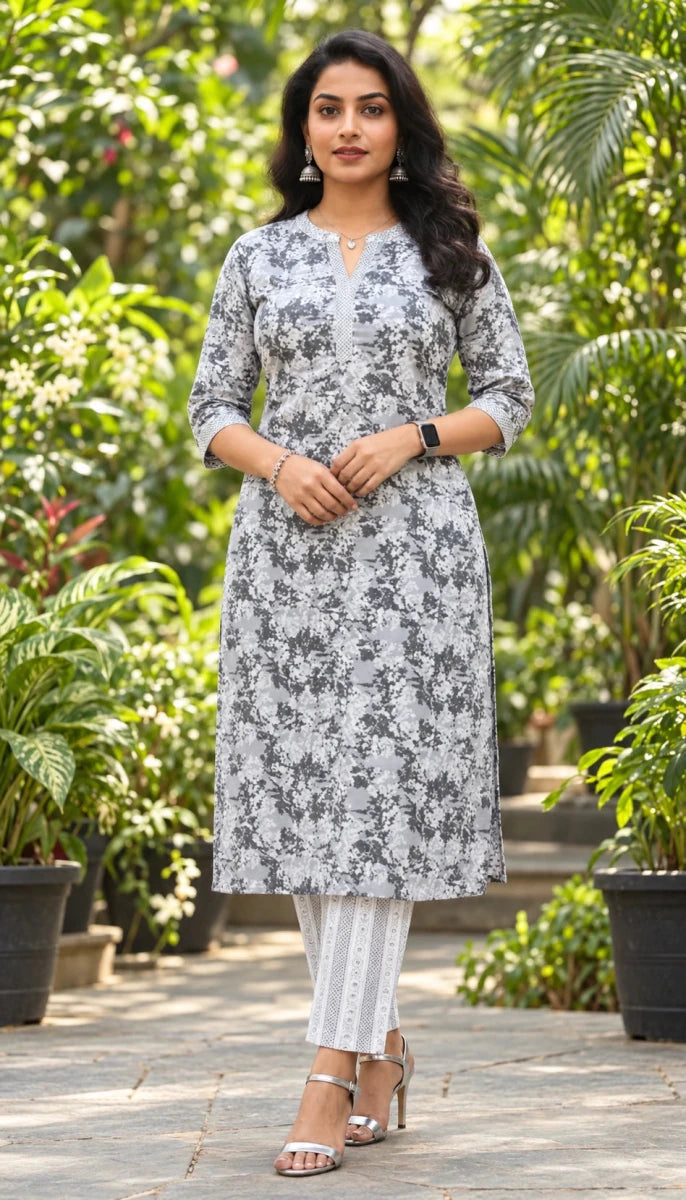 White And Dark Pink Kurti Set With Floral Dupatta For Women & Girls - Aira Fabrics Designer Studio