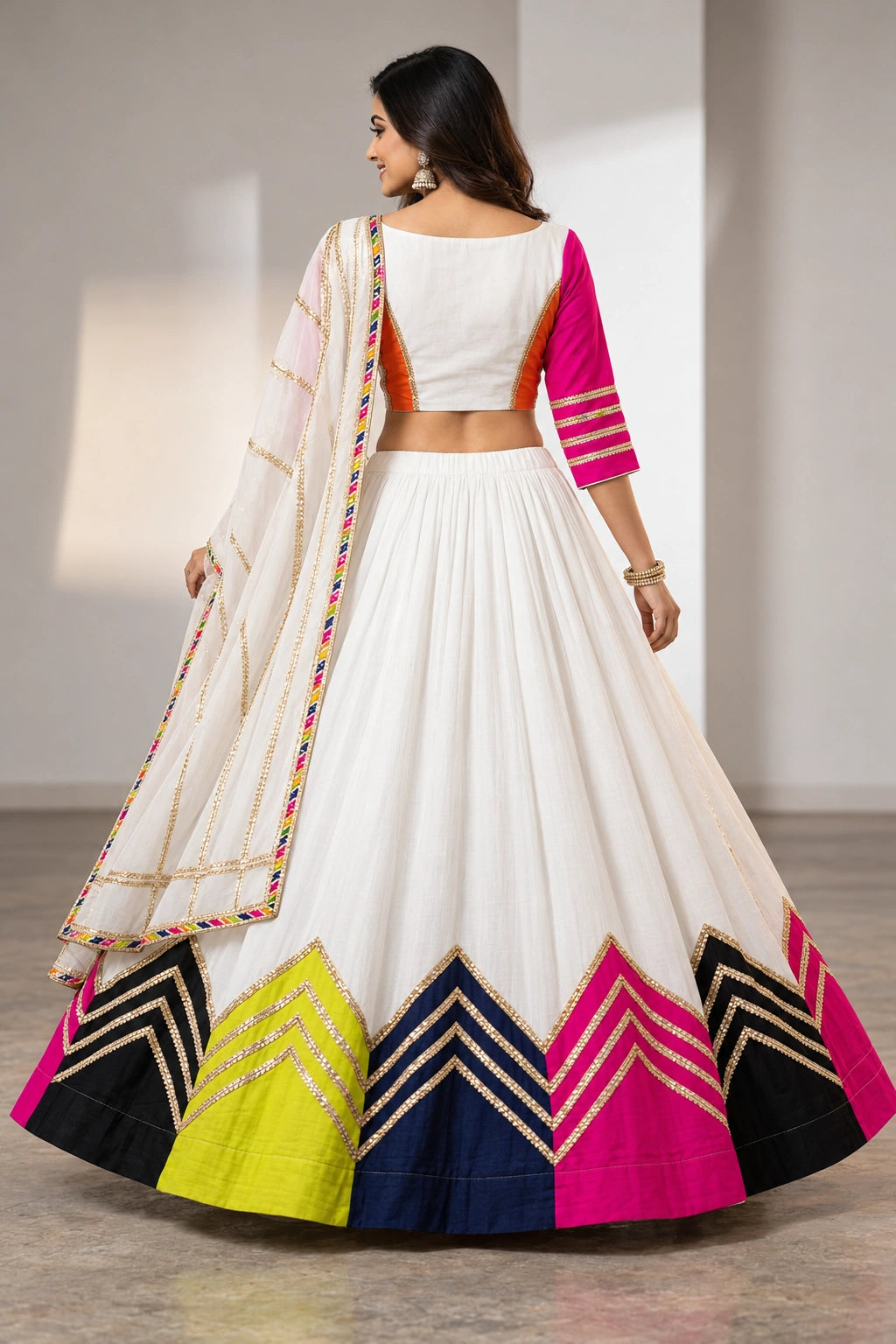 White Cotton Navratri Chaniya Choli with Colour Block Gota Work & Dupatta