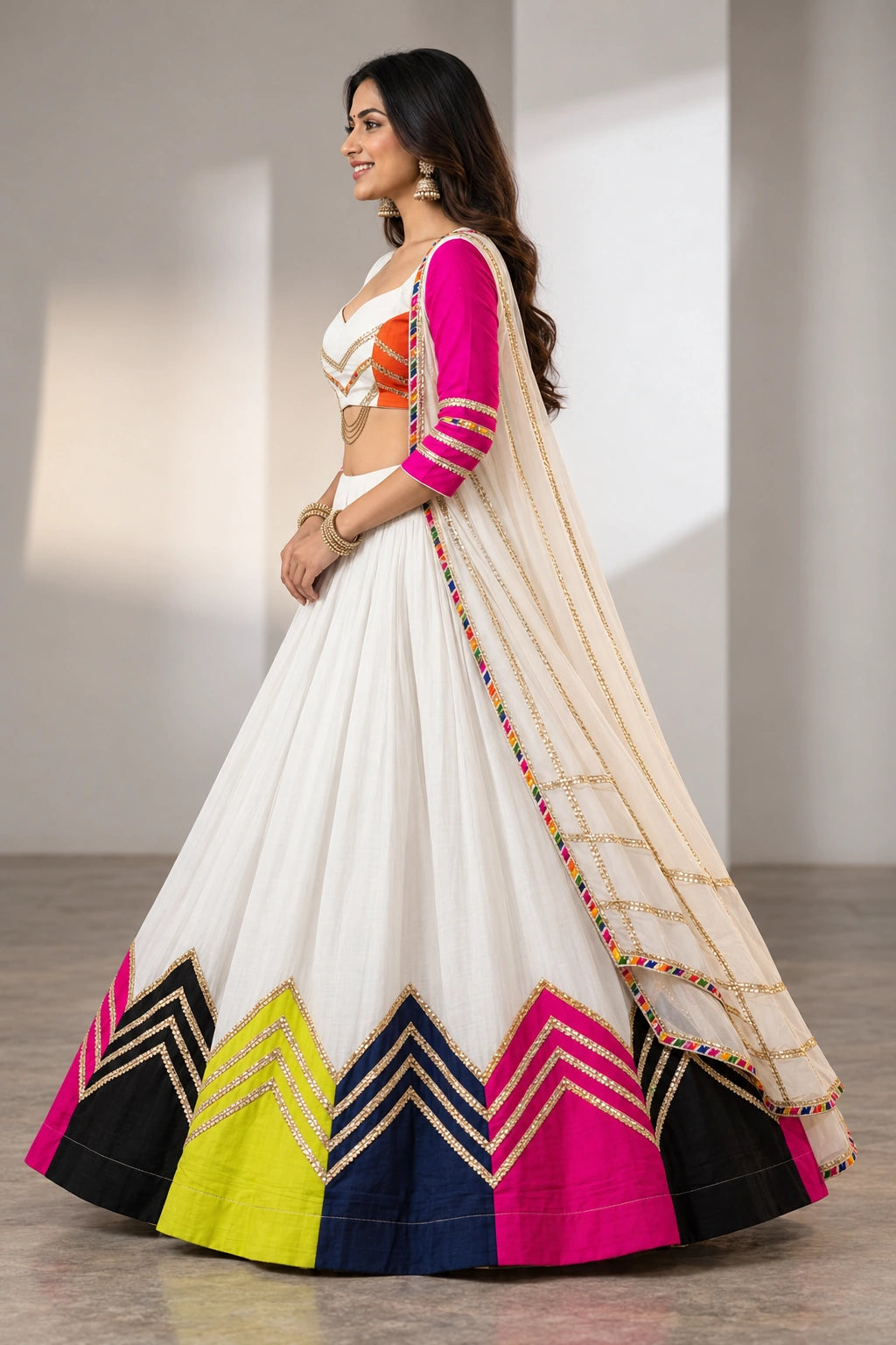 White Cotton Navratri Chaniya Choli with Colour Block Gota Work & Dupatta