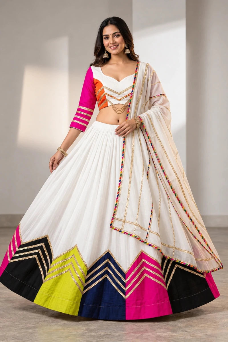 White Cotton Navratri Chaniya Choli with Colour Block Gota Work & Dupatta - Aira Fabrics Designer Studio