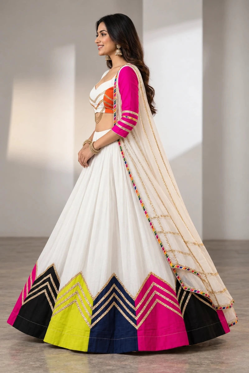 White Cotton Navratri Chaniya Choli with Colour Block Gota Work & Dupatta - Aira Fabrics Designer Studio