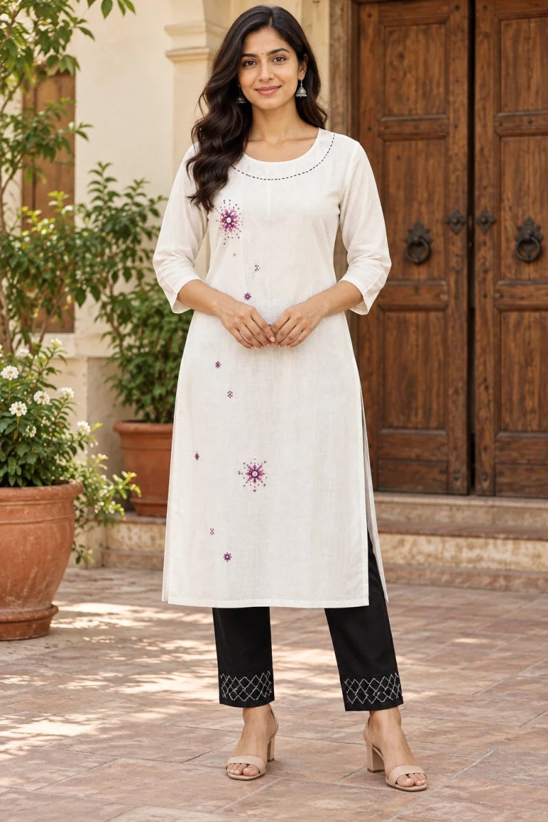 White Embroidered Cotton Kurti with Black Kantha Pants for Women - Aira Fabrics Designer Studio