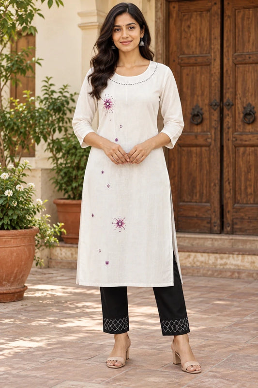 White Embroidered Cotton Kurti with Black Kantha Pants for Women - Aira Fabrics Designer Studio