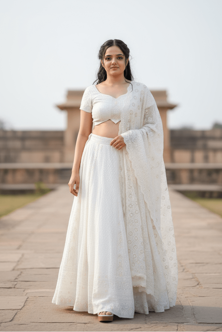 White Embroidered Crop Top And Flowing Skirt Set With Matching Dupatta For Women & Girls - Aira Fabrics Designer Studio