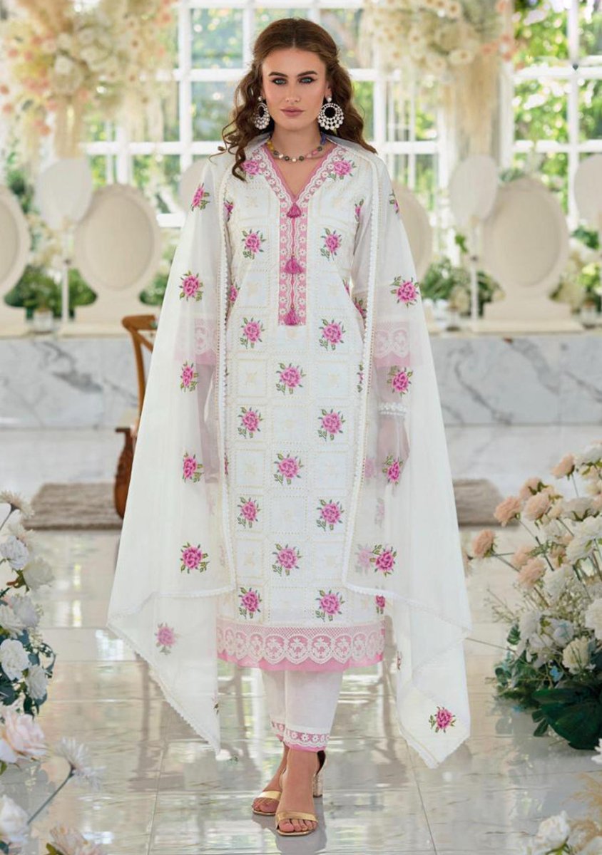 White Embroidery Work Cotton Kurti And Bottom With Cotton Dupatta For Women & Girls - Aira Fabrics Designer Studio