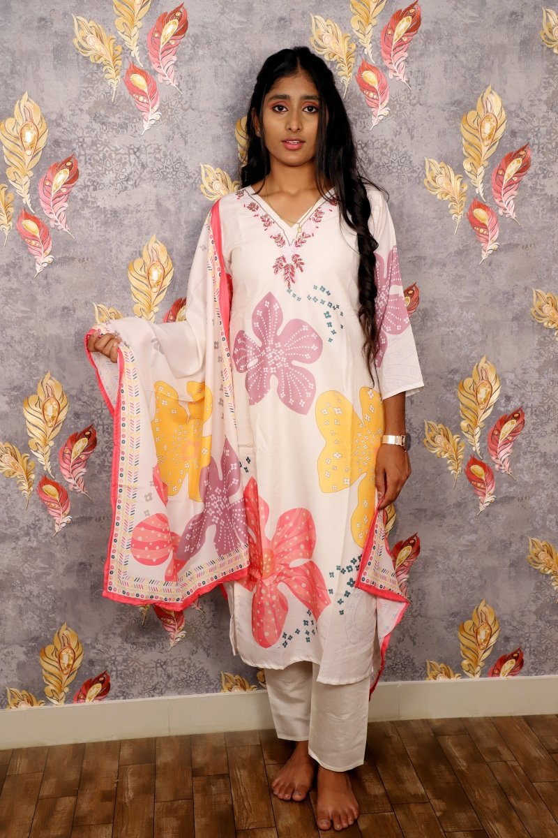 White Floral Print Salwar Kameez For Women & Girls - Aira Fabrics Designer Studio