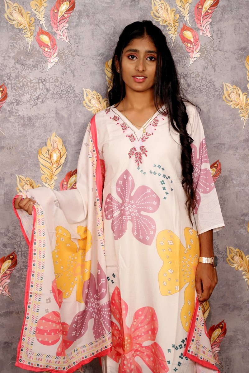 White Floral Print Salwar Kameez For Women & Girls - Aira Fabrics Designer Studio