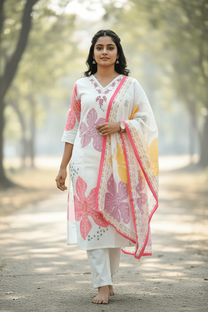 White Floral Print Salwar Kameez For Women & Girls - Aira Fabrics Designer Studio