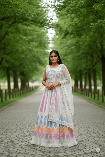 White Lehenga Choli With A Sheer Dupatta For Women & Girls - Aira Fabrics Designer Studio