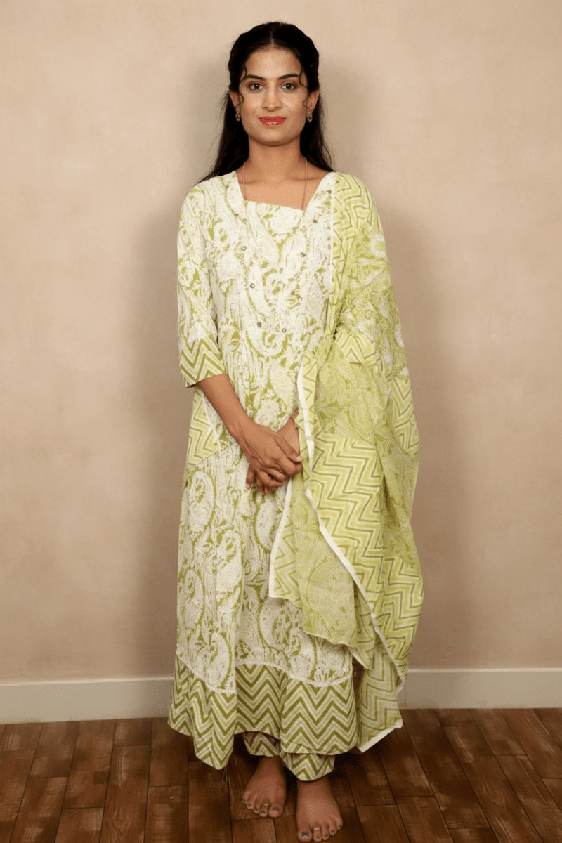 White & Light Green Floral Printed Anarkali Suit With A Matching Dupatta For Women & Girls - Aira Fabrics Designer Studio
