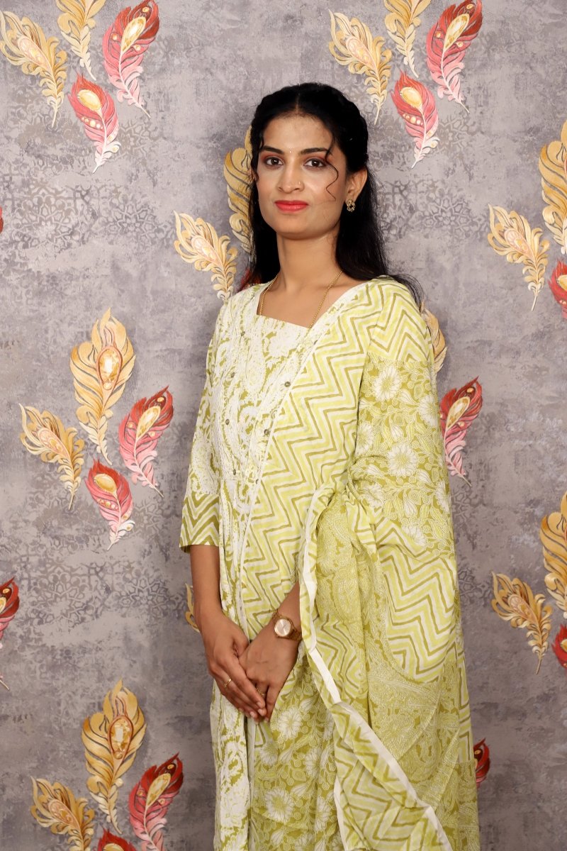 White & Light Green Floral Printed Anarkali Suit With A Matching Dupatta For Women & Girls - Aira Fabrics Designer Studio