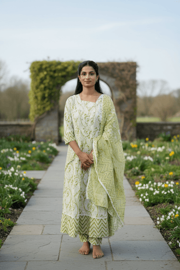 White & Light Green Floral Printed Anarkali Suit With A Matching Dupatta For Women & Girls - Aira Fabrics Designer Studio