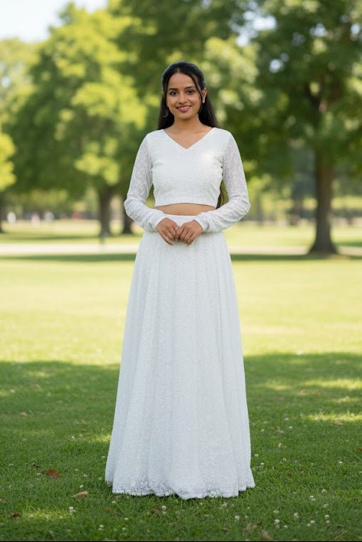 White Long-Sleeved Crop Top With Matching Long Frock For Women & Girls - Aira Fabrics Designer Studio