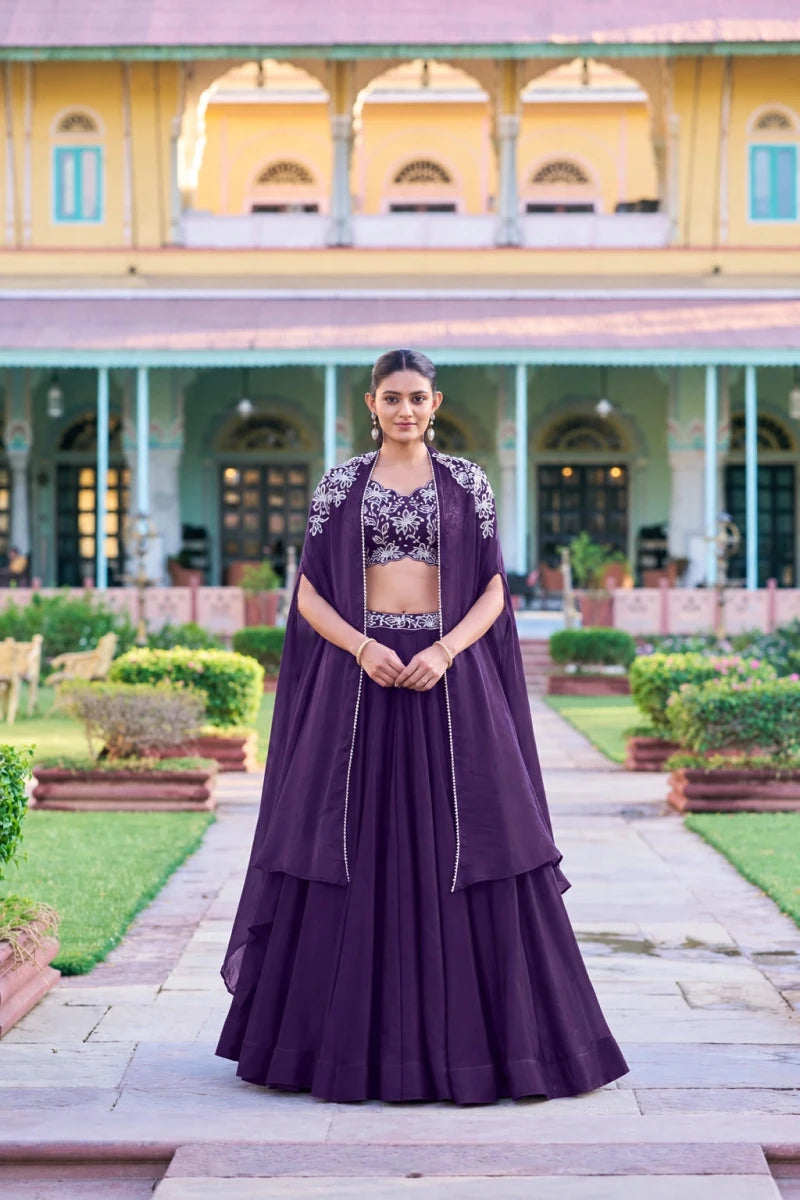 Wine Purple Cape Style Chinon Lehenga with Embroidered Crop Top - Aira Fabrics Designer Studio