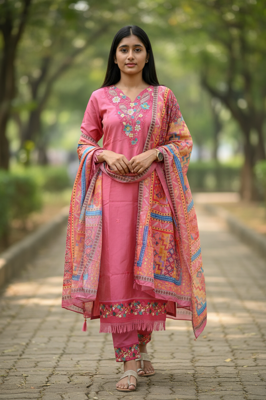 Pink Crepe Floral Printed Embroidered Sharara Kurti For Women & Girls
