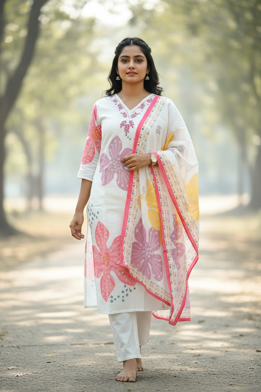 White Floral Print Salwar Kameez For Women & Girls