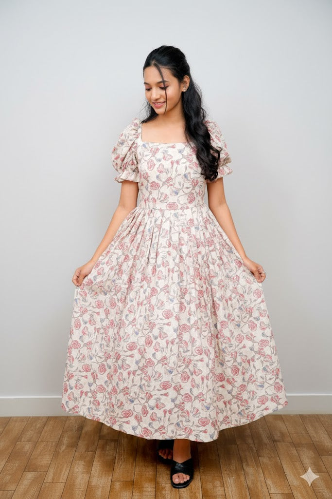 Off-White Floral Design Gown For Women & Girls