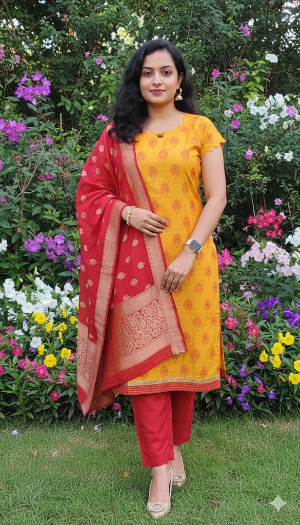 Yellow and red combination Printed 3 Piece Cotton Kurti With Printed Floral Dupatta For Women - Aira Fabrics Designer Studio