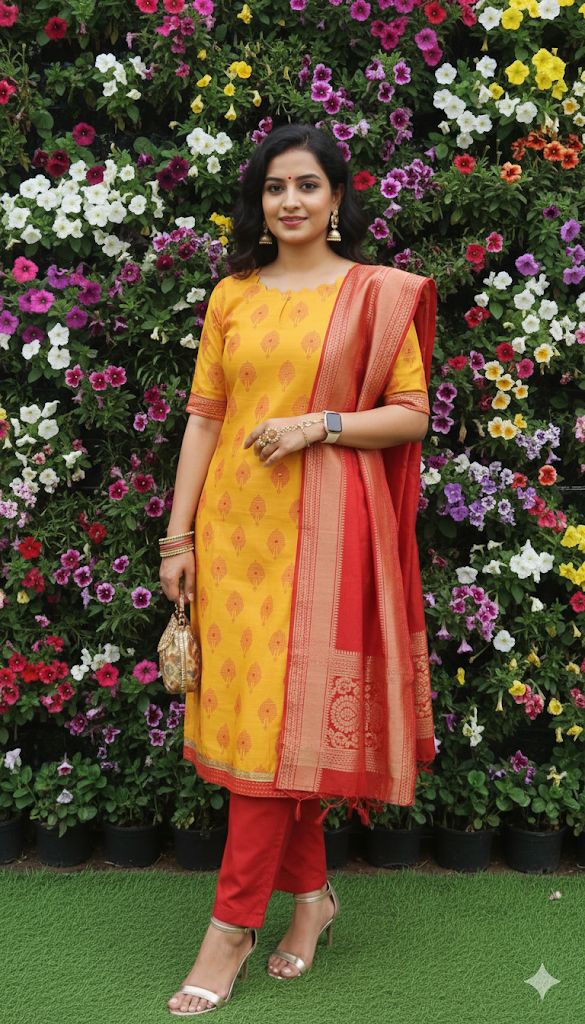 Yellow and red combination Printed 3 Piece Cotton Kurti With Printed Floral Dupatta For Women - Aira Fabrics Designer Studio