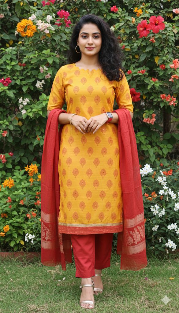 Yellow and red combination Printed 3 Piece Cotton Kurti With Printed Floral Dupatta For Women - Aira Fabrics Designer Studio