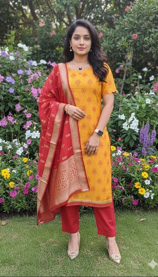 Yellow and red combination Printed 3 Piece Cotton Kurti With Printed Floral Dupatta For Women - Aira Fabrics Designer Studio