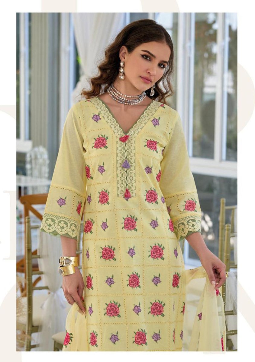 Yellow Embroidery Work Cotton Kurti And Bottom With Cotton Dupatta For Women & Girls - Aira Fabrics Designer Studio